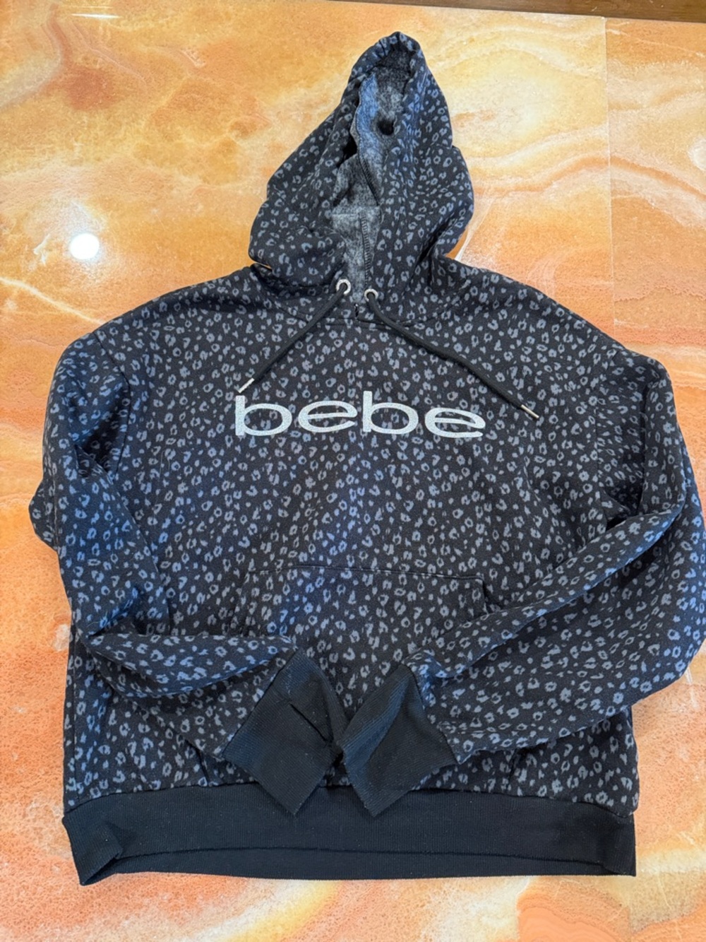 bebe Black Leopard Print Logo Hoodie with White Logo